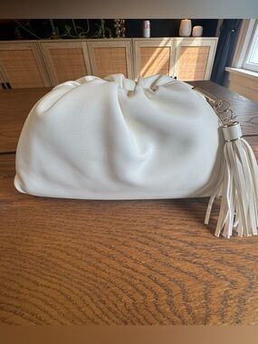Understated Leather Clutch crescent gold  Chain Strap tassel Vegan White purse